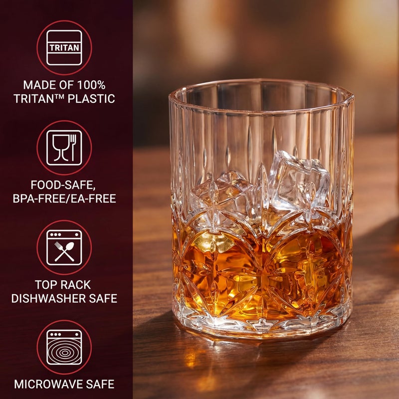 BELLAFORTE Tritan Plastic Whiskey Glasses Set of 4, 13oz Unbreakable Wine Glasses, Shatterproof Crystal Cut Drinking Glasses for Old Fashioned, Cocktails - BPA Free - Dishwasher Safe - Clear - Image 2
